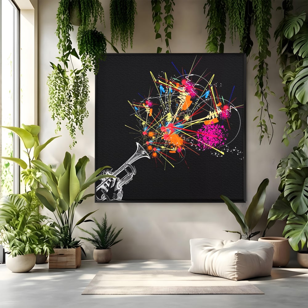 Tablou canvas cu ilustratie digitala cu trompeta si explozie de culori, in rama de aluminiu negru